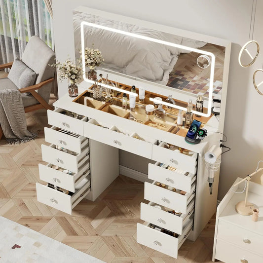 White Makeup Vanity with 11 Drawers, LED Mirror, 3 Lighting Modes, Adjustable Brightness, Glass Top – Bedroom Vanity Desk