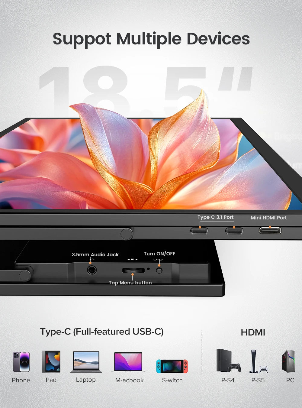 UPERFECT Portable Monitor Touchscreen 18.5 Inch 120hz w/VESA & 180° Adjustable Stand For Laptop PC Mac Switch PS5 iPhone HUAWEI