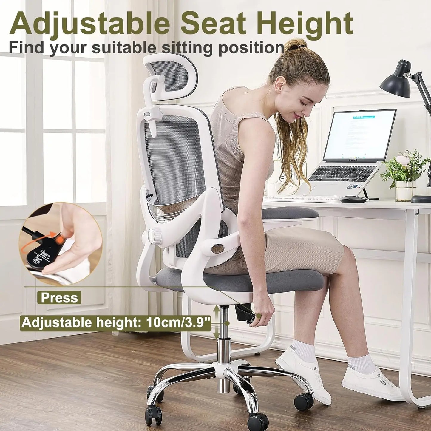 High Back Mesh Desk Chair with Adjustable Lumbar Support, Flip-up Armrest, Removable Headrest, Swivel Computer Gaming Chair
