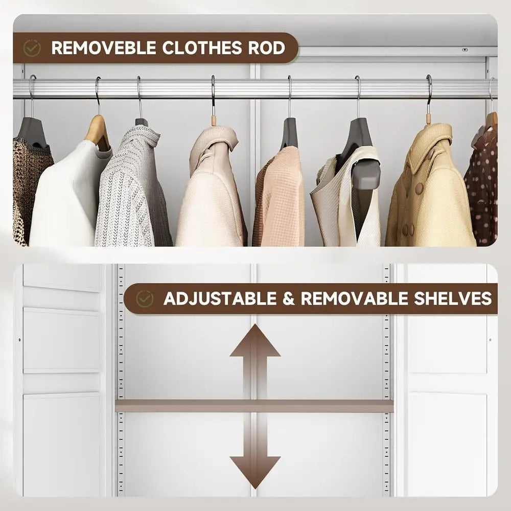 Metal Armoire Wardrobe Closet with 2 Ders,18" Deep Clothing Storage Cabinet with Doand Shelves,Coat Closet with Hanging Rod,Bedr