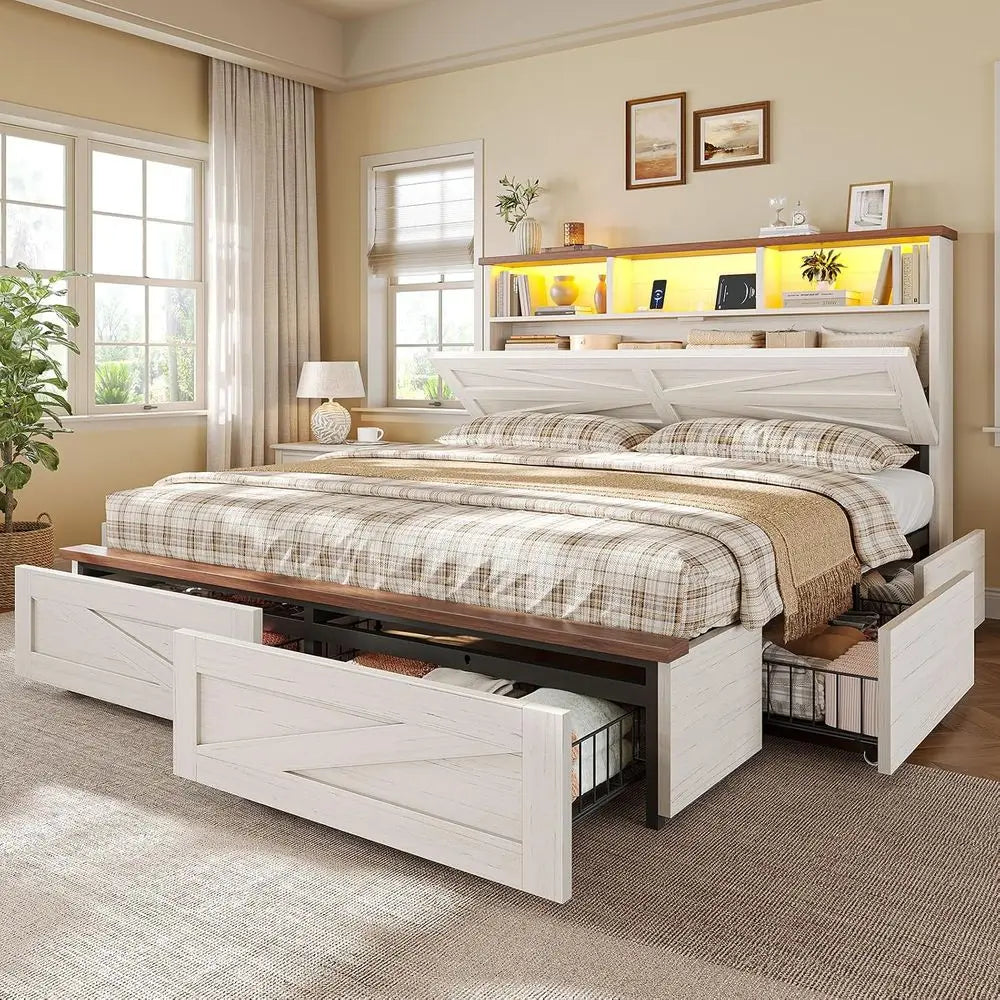 Queen Bed with 6 Drawers, Armhouse Bed with Barn Door and Storage, Wood Platform Bed Queen Size with Charging Station and LED Li
