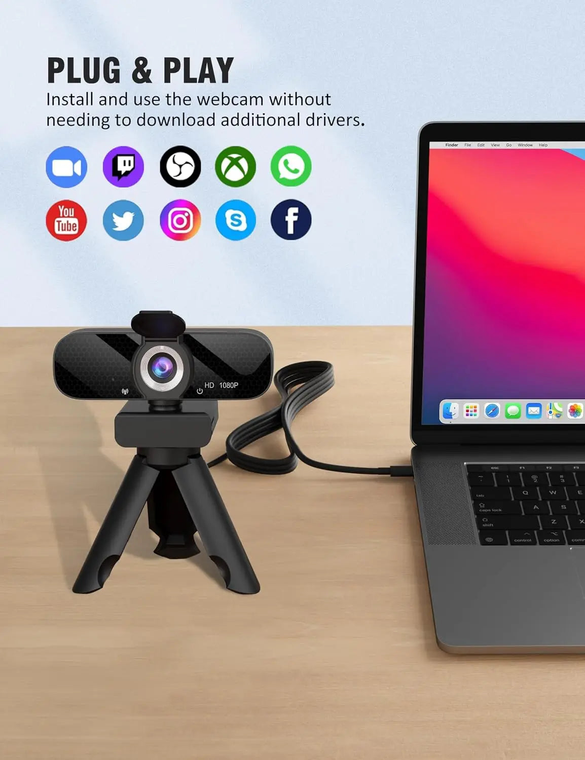 USB HD Webcam with Built-in Microphone, 1080P Video, Wide Angle, Privacy Cover, Rotatable Tripod for PC Laptop