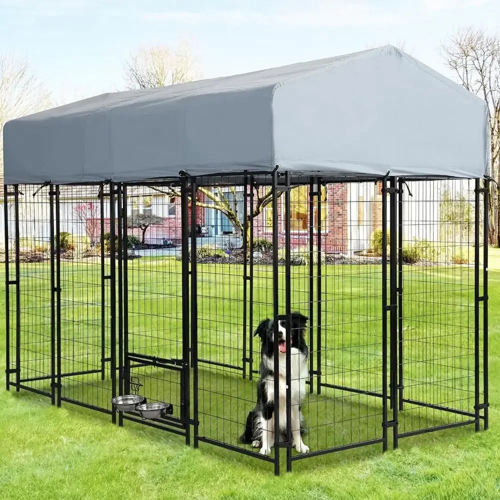 8x4x5.7ft Outdoor Dog Kennel with Waterproof Roof & 2 Rotating Bowls for Large Dogs, Secure Steel Exercise Enclosure