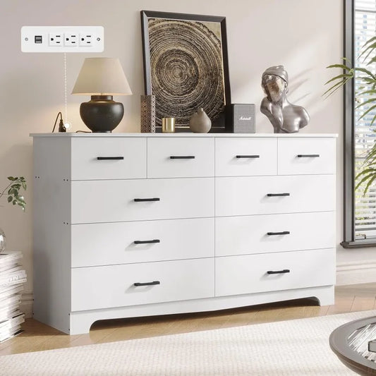 White Dresser for Bedroom with 10 Drawers, Large Chest of Drawers Storage Organizer, Long Dresser TV Stand with Power Out