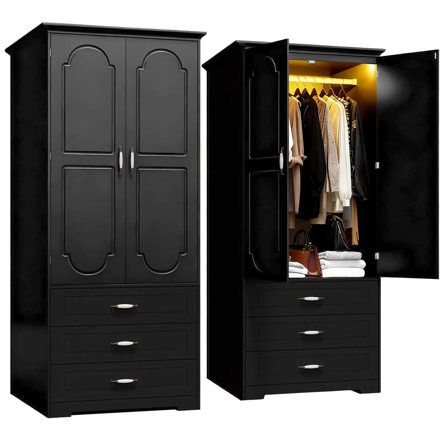 Armoire Wardrobe Closet with 3 Drawers and LED Light 72" Wooden Bedroom Armoire with 2 Doors and Retro Ceramic Door, Custom