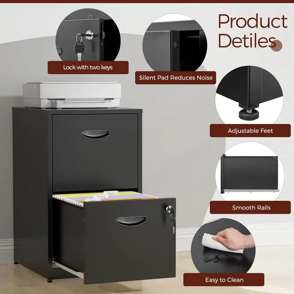 2 Drawer File Cabinet with Lock,Black Metal Filing Cabinets,Vertical Locking File Cabinet Fit Hanging Files, Letter,File Box