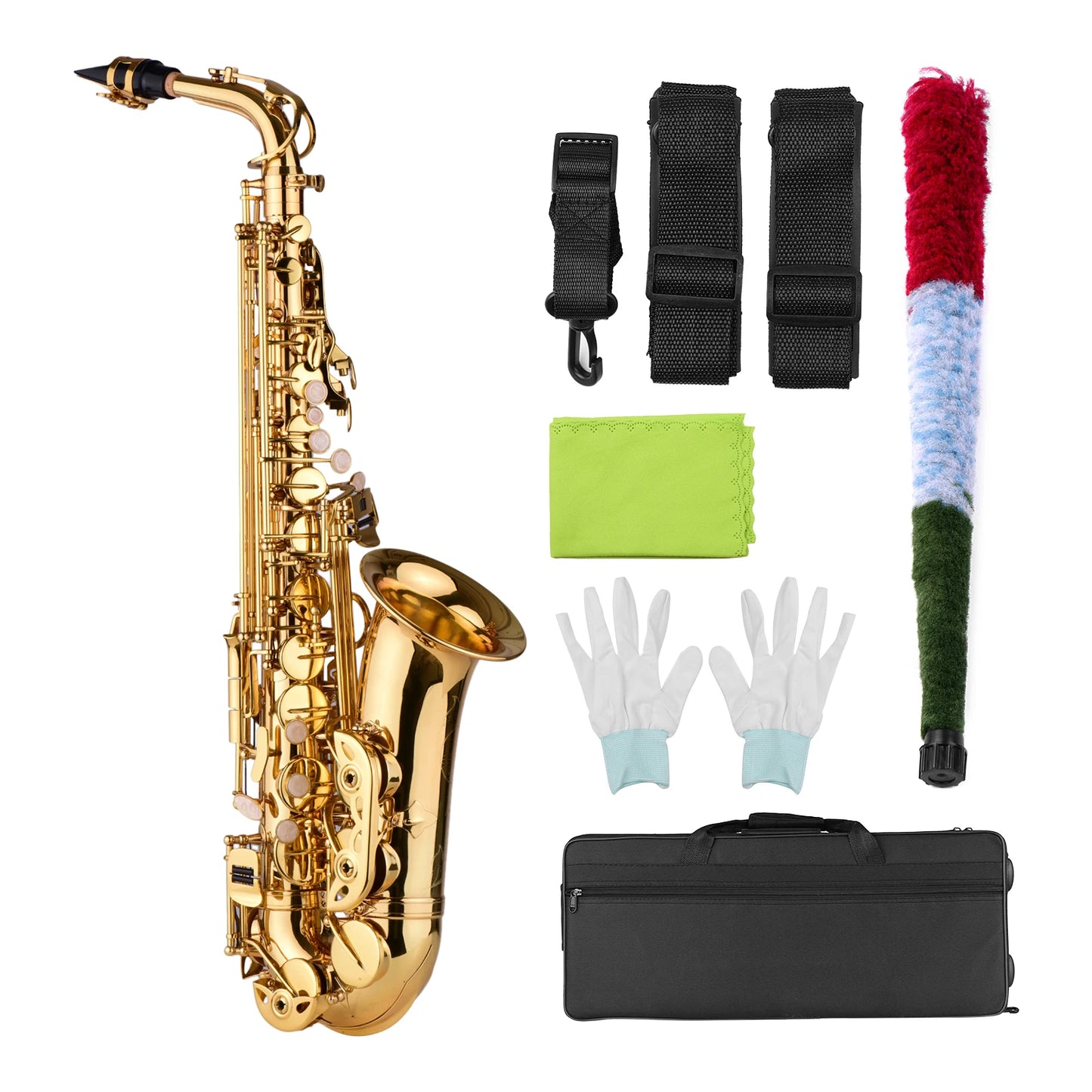 AS100 Eb Alto Saxophone Brass Lacquered Alto Sax Wind Instrument with Carry Case Gloves Straps Cleaning Cloth Brush