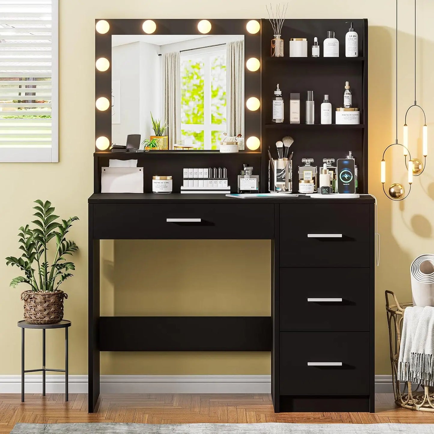 Vanity Desk with Large Mirror, Lights & Power Outlet, Black Makeup Vanity with 9 Drawers & Shelf Storage, Customized