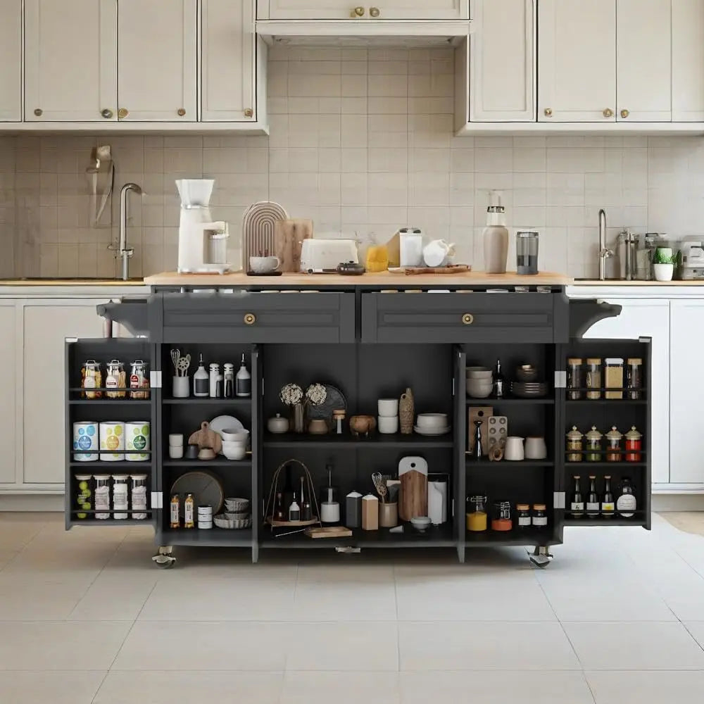 59" Rolling Kitchen Island with Drop Leaf - Mobile Cart with Storage Drawers & Towel Rack, Multi-Functional for Kitchen & Dining