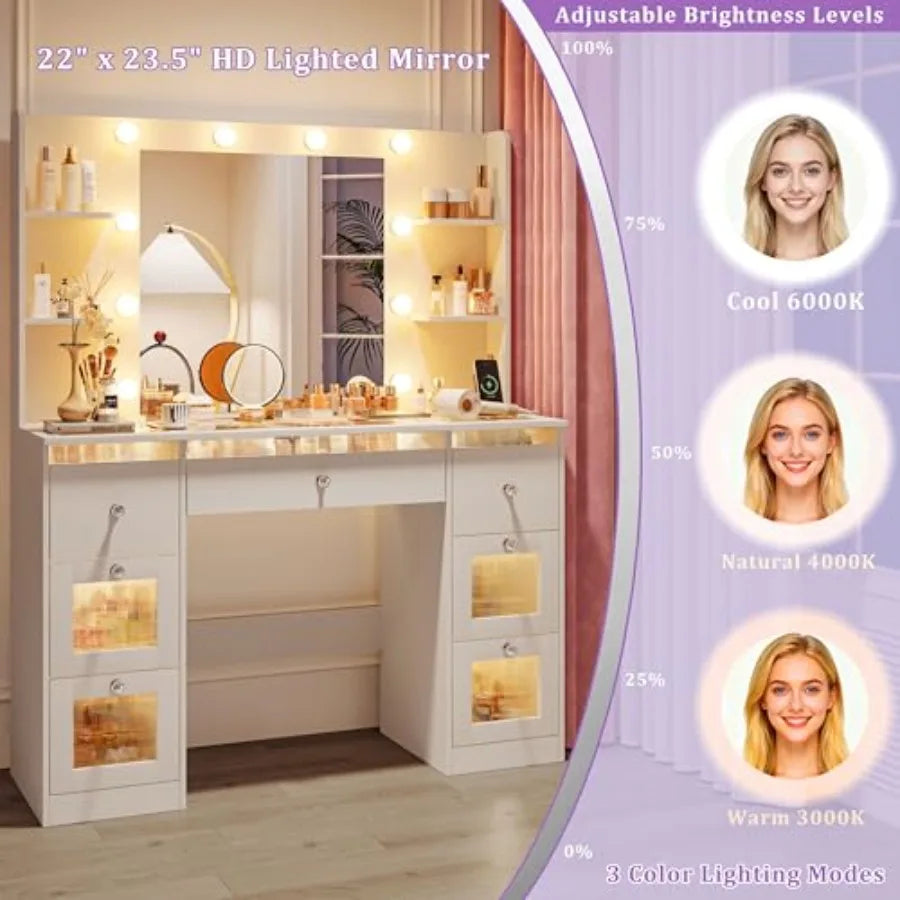 Makeup Vanity with Lights 3 Colors Glass Top Vanity Desk with 7 Lighted Drawers 4 Shelves Power Outlet Makeup Desk