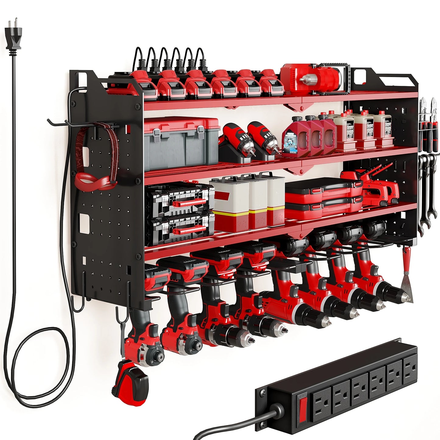 4 Layer Power Tool Organizer Wall Mount with Charging Station, Heavy Duty Tool Organization Rack, Screwdriver Storage, Tool Shel