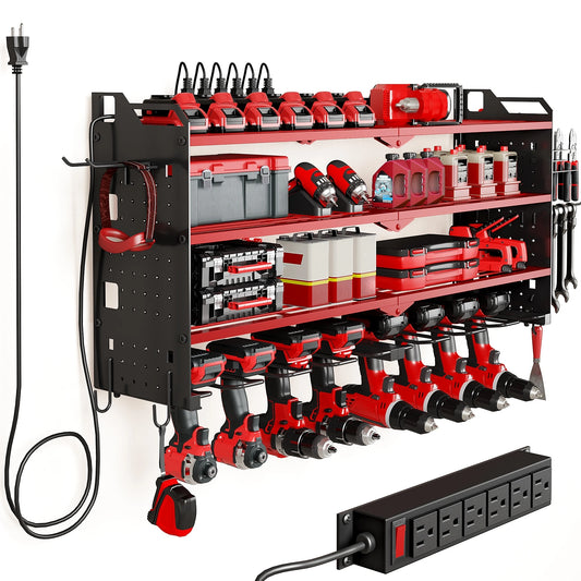 4 Layer Power Tool Organizer Wall Mount with Charging Station, Heavy Duty Tool Organization Rack, Screwdriver Storage, Tool Shel