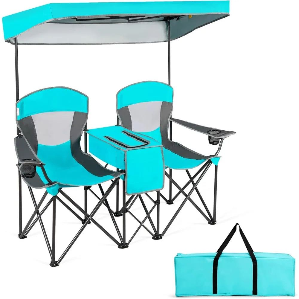 Camping Chair with Adjustable Shade Canopy, Portable Beach Chair with Cooler Bag, 2 Cup Holders, Carrying Bag