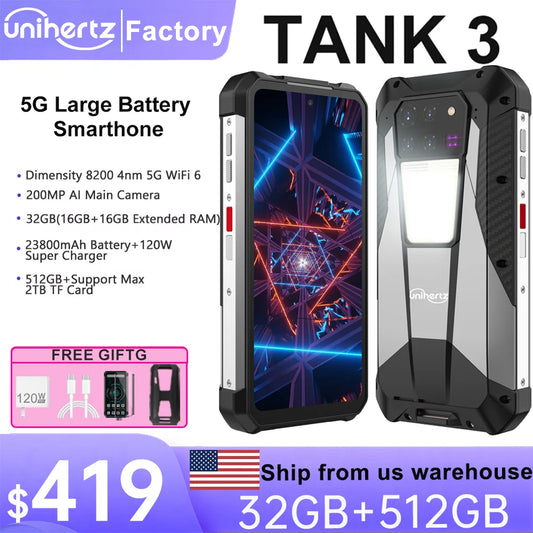 Unihertz Tank 3 8849 Android 13 Smartphone Rugged 23800mAh 32GB 512GB 200MP 5G Mobile Phone Waterproof 120W Night Vision Phones