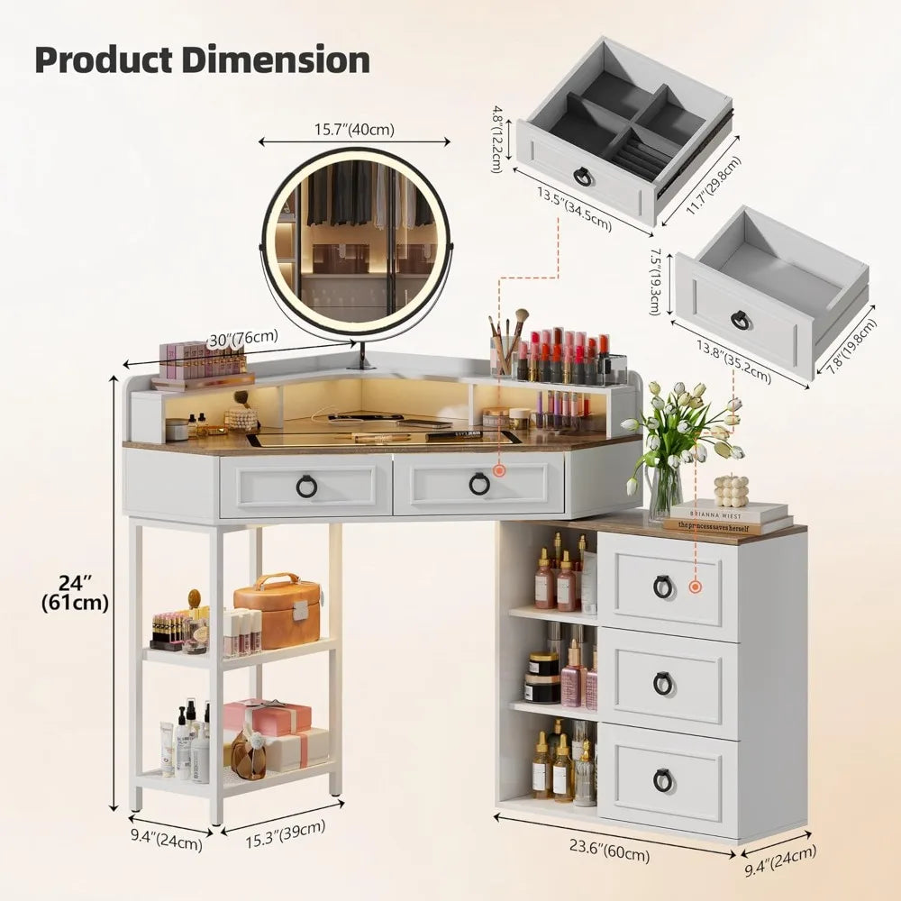 Corner Vanity Desk, Glass Top Makeup Vanity with Human Body Senor&Charging Station, LED Vanity Table Set