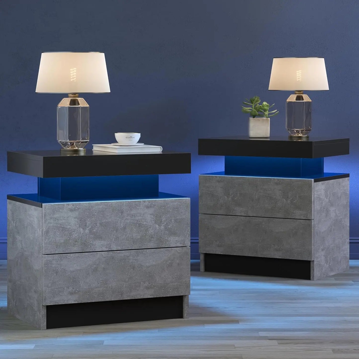 Nightstand LED Set of 2 Black Bedside Table LED Night Stand with LED Lights Modern End Side Table with 2 Drawers for Bedroom