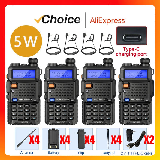 4Pcs UV-5R 5W Tri-Power Walkie Talkie High Power Dual Band Long Range Portable Handheld UV 5R Radio
