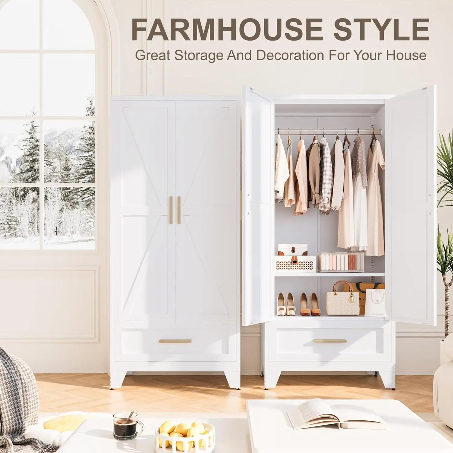 71" White Metal Wardrobes Closet With Hanging Rod and Drawers,Barn Doors, Adjustable Shelves For Home, Bedroom, Laundry room