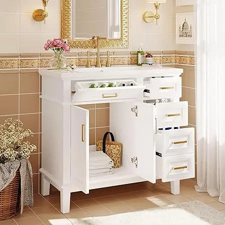 freestanding 36" solid wood bathroom vanity with ceramic sink and 4 drawers
