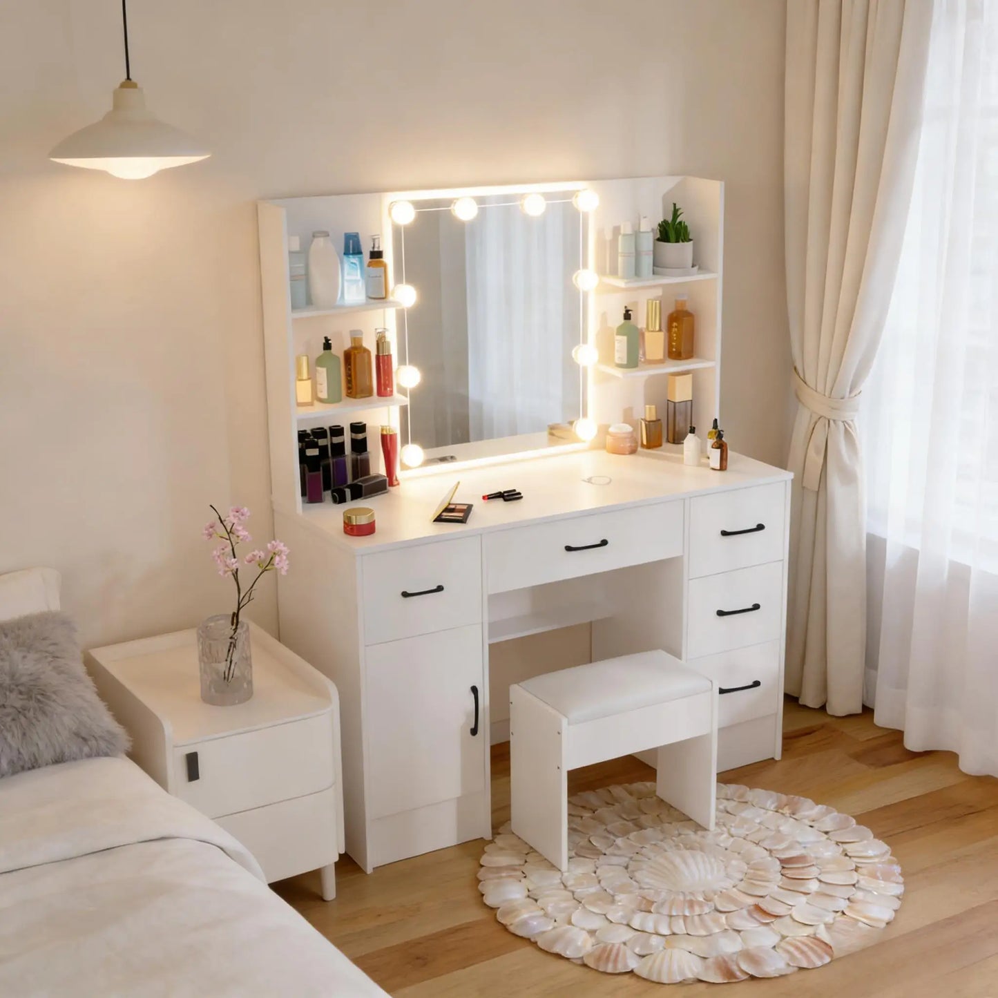 Teousev White Modern Vanity Set with 10 LED Lighted Mirror 5 Drawers & Stool 3 Color Dimmable Easy Assembly Bedroom Dressers