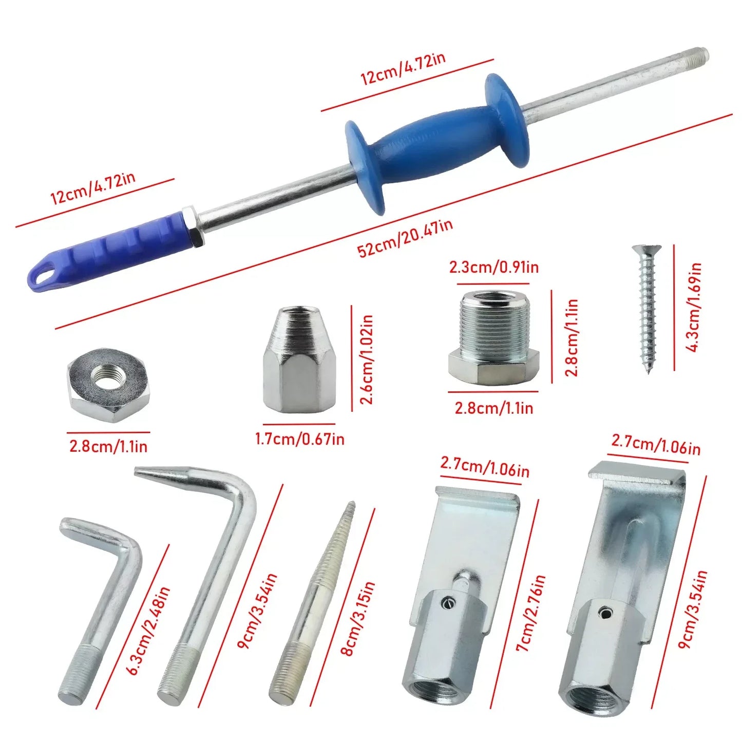 9PCS Heavy Duty Dent Puller Slide Hammer Kit Car Body Sheet Metal Repair Plastic Handle Pull Hook For Sliding Hammer Sliding Rod