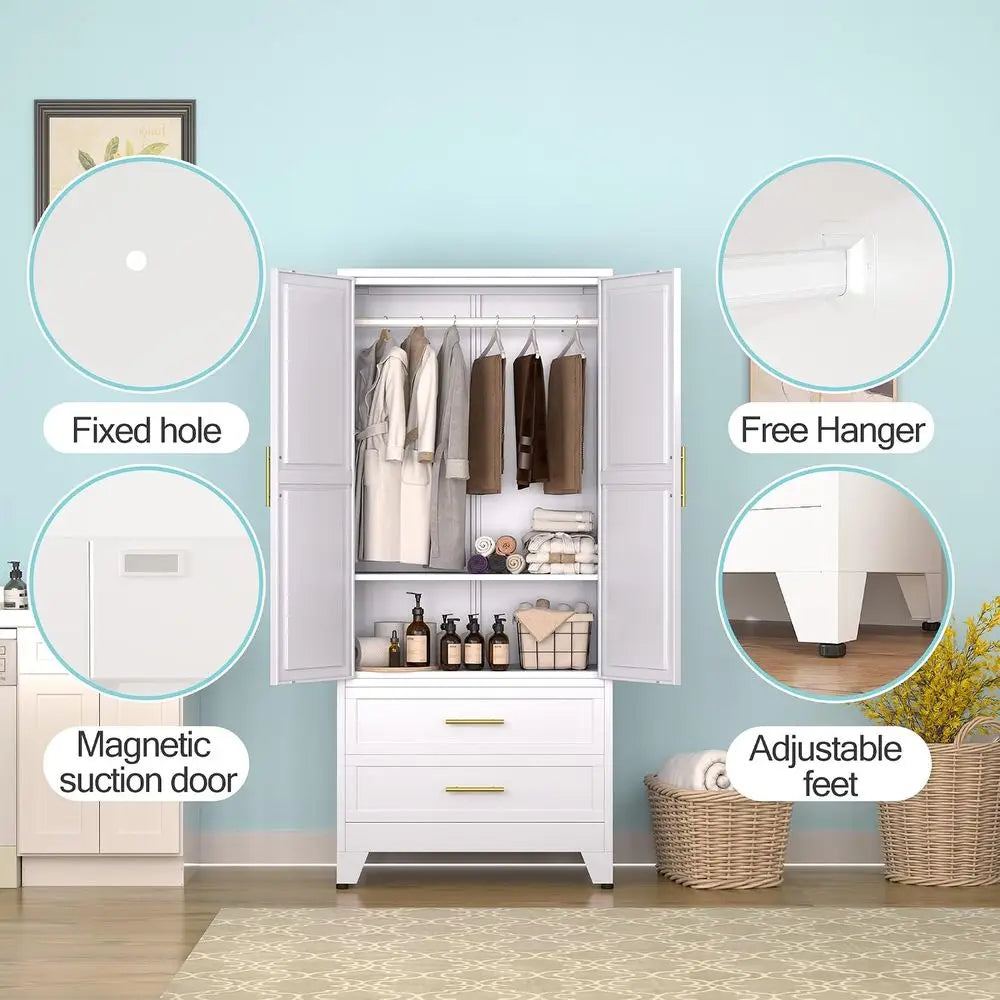Metal Armoire Wardrobe Closet, 71 "Metal Clothing Storage Cabinet | with Adjustable Shelves and Hanging Rod, Household Steel War