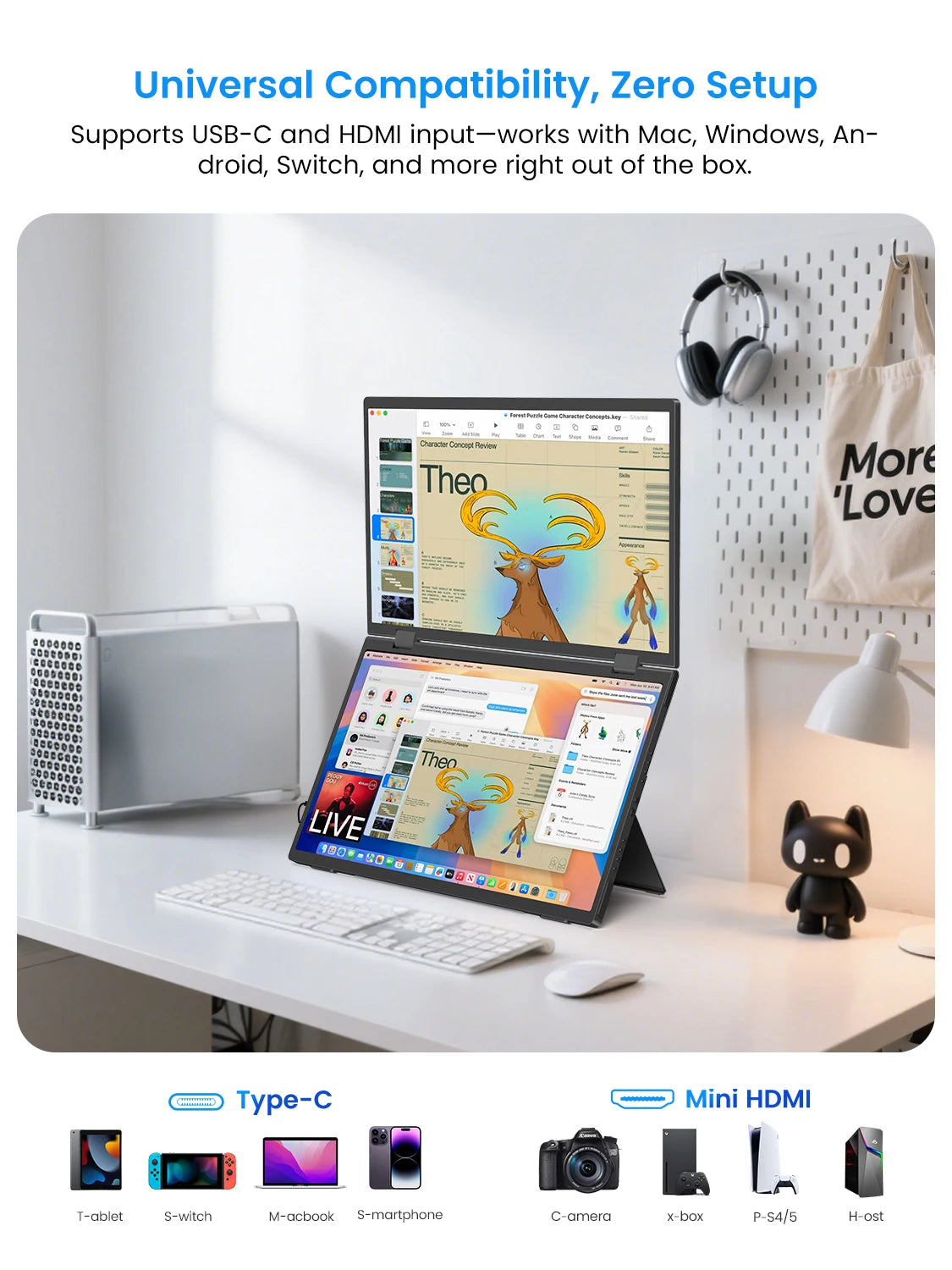 EVICIV Stacked Portable Monitor 15.6 Inch Dual Foldable Travel Display 1080P 100% sRGB USB-C HDMI Triple Laptop Screen Extender