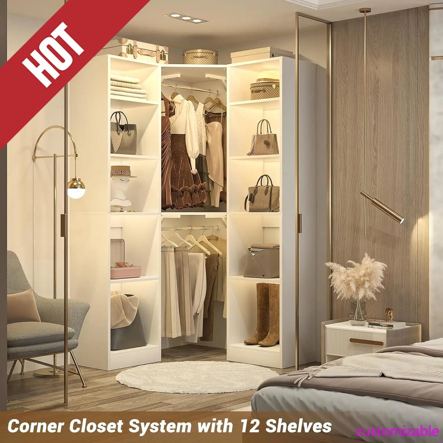Corner Closet System With 12 Shelves, 40" Large Organizer With 2 Hanging Rods, Versatile 6-Tier Walk-in Closet For Corner Space,