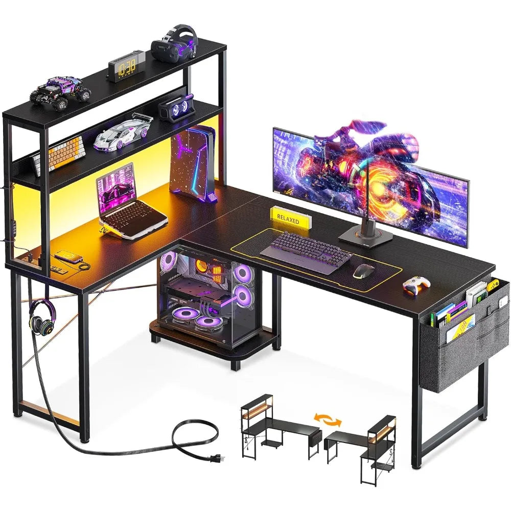 53 Inch L Shaped Gaming Desk with LED Lighting, Reversible Desk with Power Outlets, Customized
