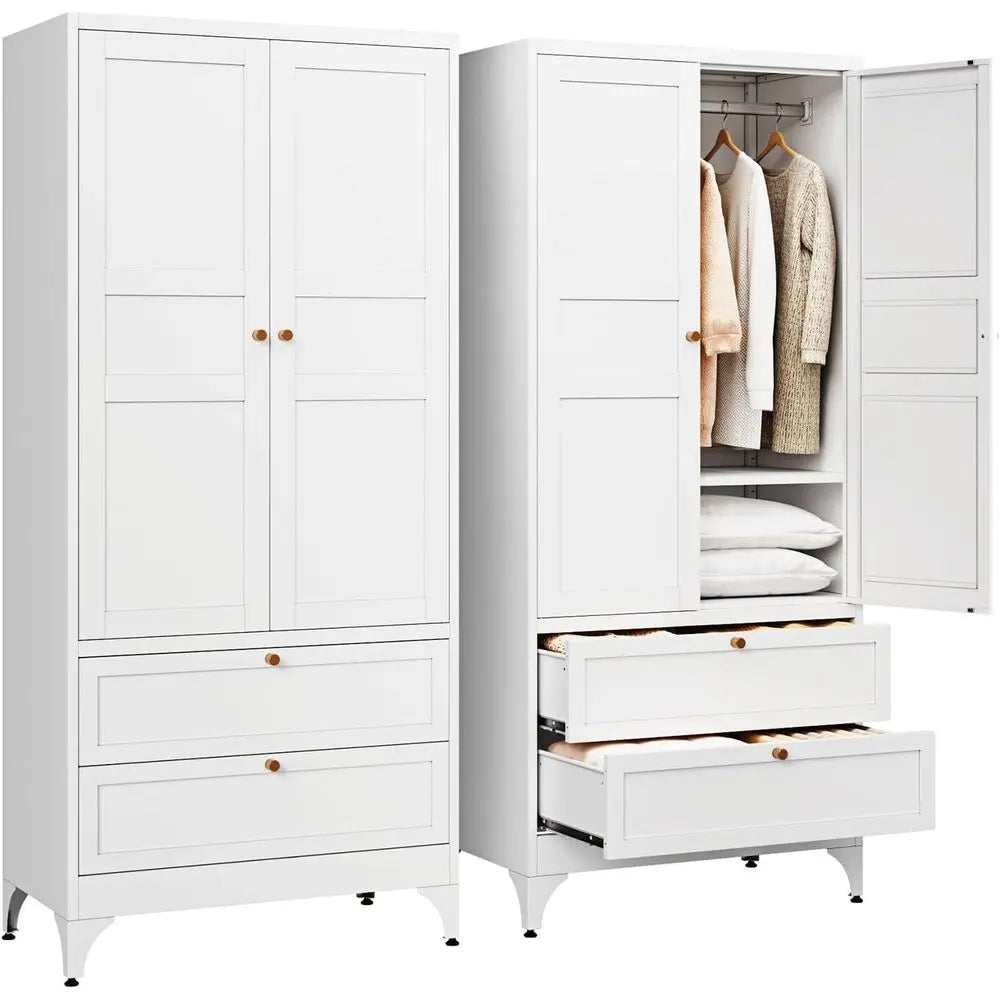 Metal Armoire Wardrobe Closet with 2 Ders,18" Deep Clothing Storage Cabinet with Doand Shelves,Coat Closet with Hanging Rod,Bedr