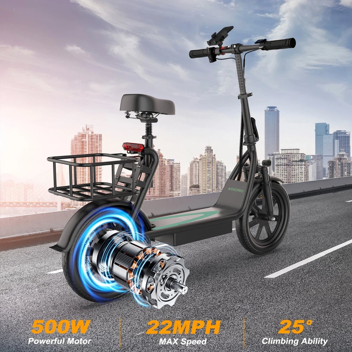 AOVOPRO ESBS 500W 14inch Electric Bicycle 10.4AH Battery 28Miles Max Range 22MPH Max Speed Shock Absorption Foldable Adult Ebike