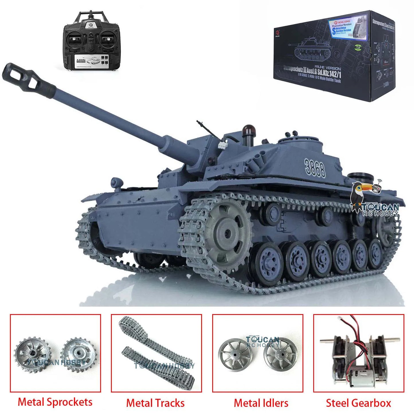 1/16 Henglong Stug III 7.0 German RC Tank 3868 Upgraded Metal Tracks RTR Remote Control Military Vehicle for Adults