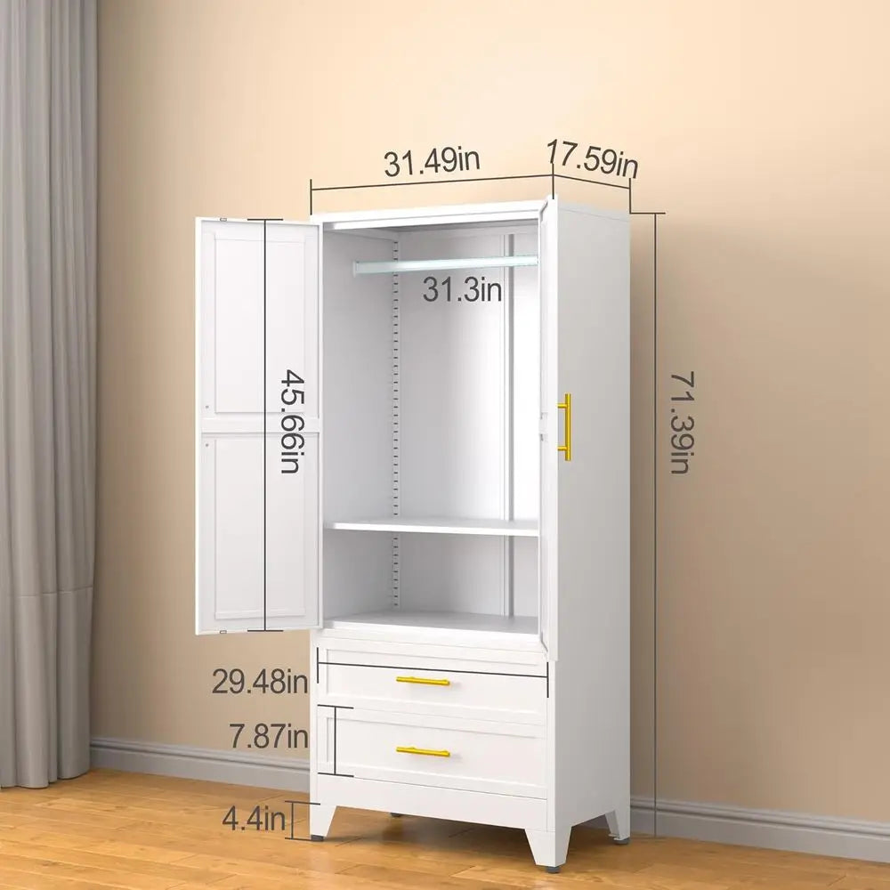 Metal Armoire Wardrobe Closet, 71 "Metal Clothing Storage Cabinet | with Adjustable Shelves and Hanging Rod, Household Steel War