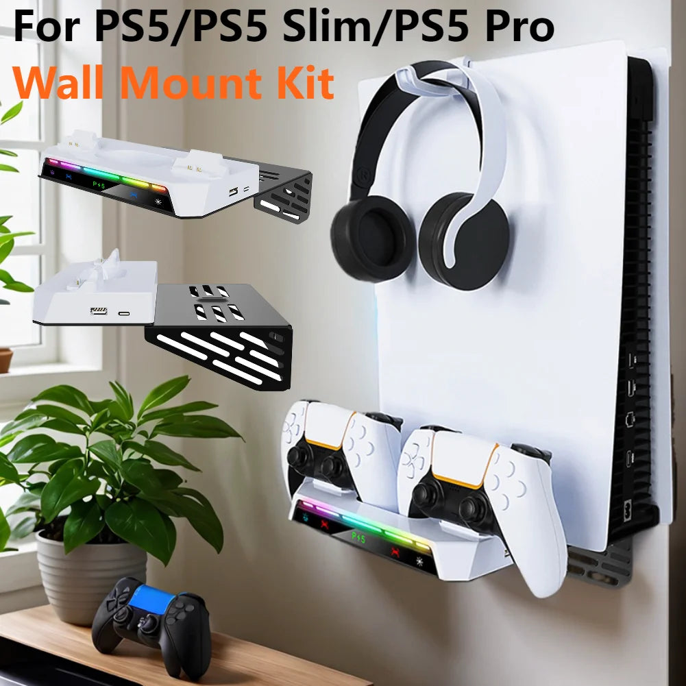 Wall Mount Kit & Charging Station W/ Headset Holder Metal Wall Hanging Charger Stand for for PS5/PS5 Slim Disc & Digital Console