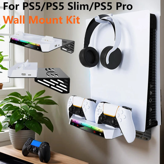Wall Mount Kit & Charging Station W/ Headset Holder Metal Wall Hanging Charger Stand for for PS5/PS5 Slim Disc & Digital Console