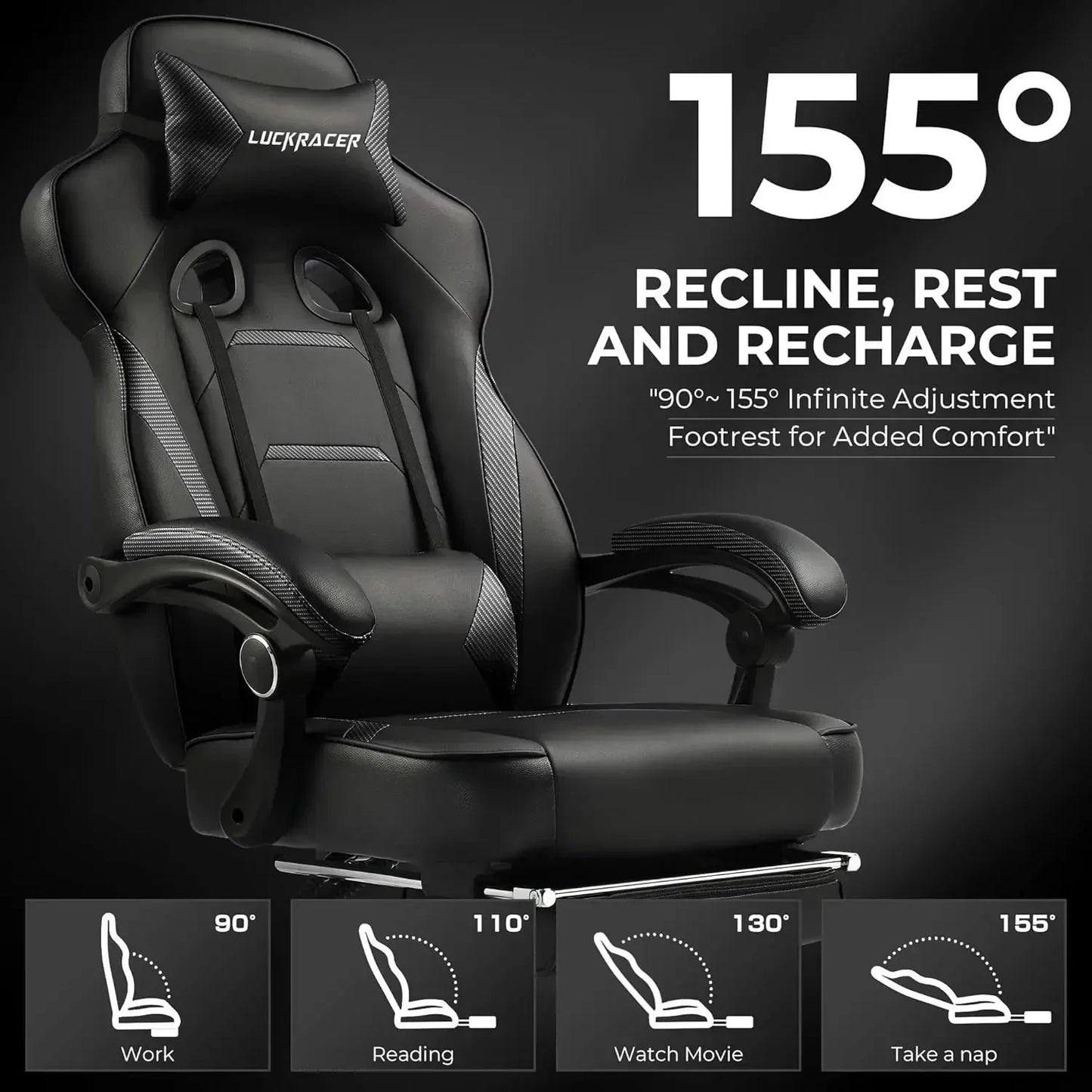 Gaming Chair with Footrest, Big and Tall Game Chair 350lb Racing Style Computer Chair, Black