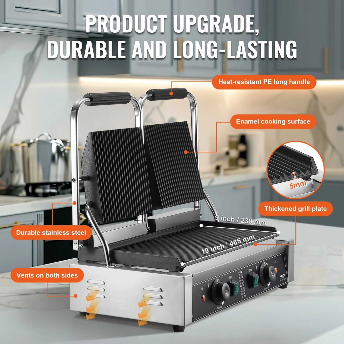 SucceBuy Commercial Panini Grill 3600W Electric Sandwich Panini Maker 19"x9" Full Grooved Enamel Plate for Hamburger Steak Bacon