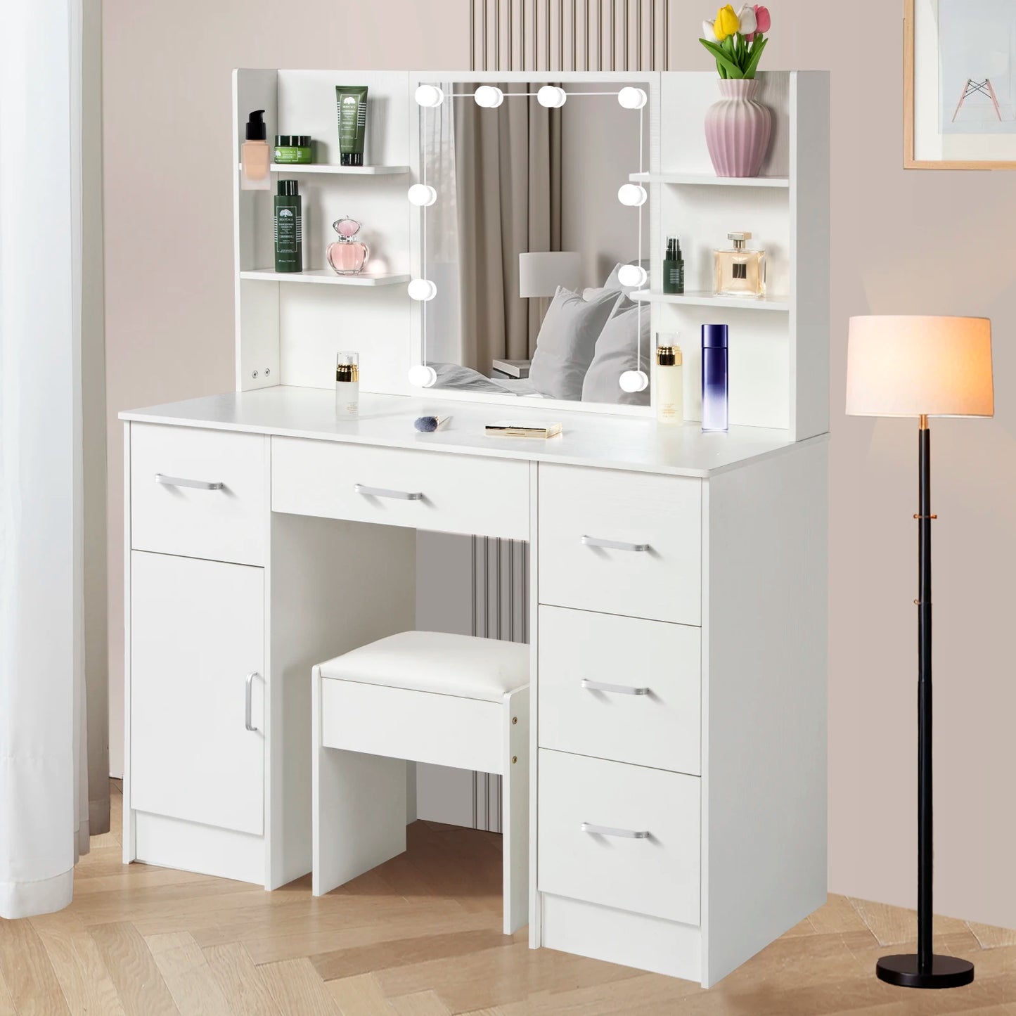 NEW White Vanity/Dressing Table With Adjustable Brightness 10 LED Lights Mirror and Stool 6 Drawers Vanity Makeup Desk bedroom