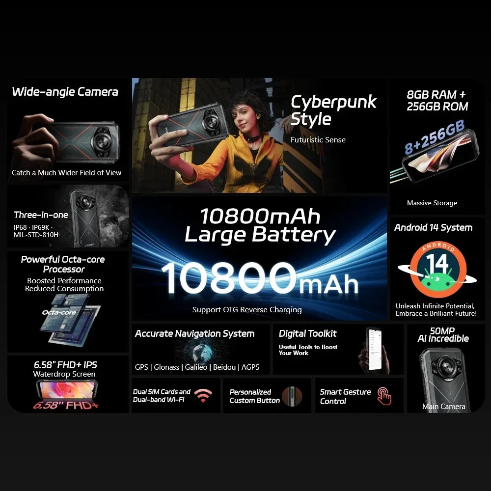 World Premiere DOOGEE S Cyber Rugged Phone 6.58" 90Hz IPS Screen 10800mAh Large Battery 8GB+256GB 50MP AI Main Camera Android 14
