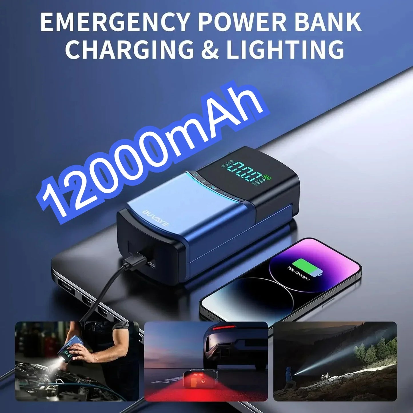 BUVAYE 4 in 1 Car Jump Starter Air Pump 150PSI Tyre Compressor 2000A Starter Device 12000mAh Power bank Digital Inflatable Pump