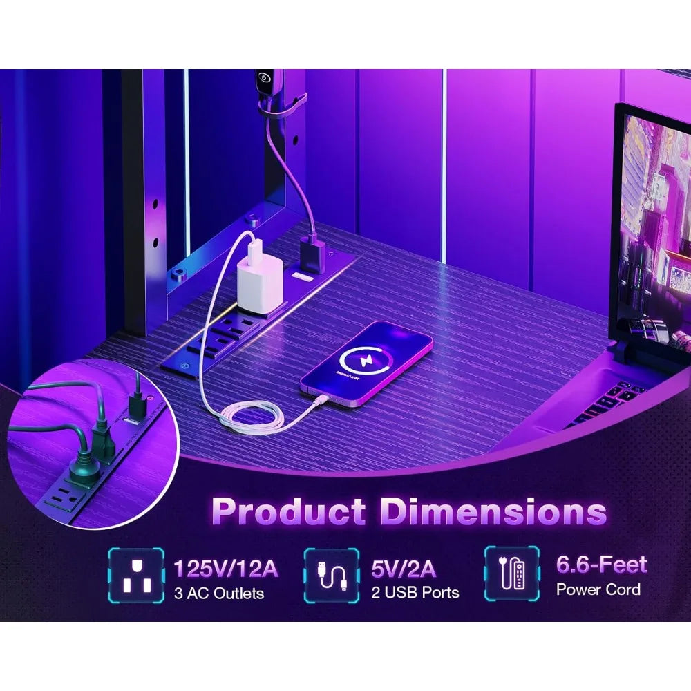 53 Inch L Shaped Gaming Desk with LED Lighting, Reversible Desk with Power Outlets, Customized