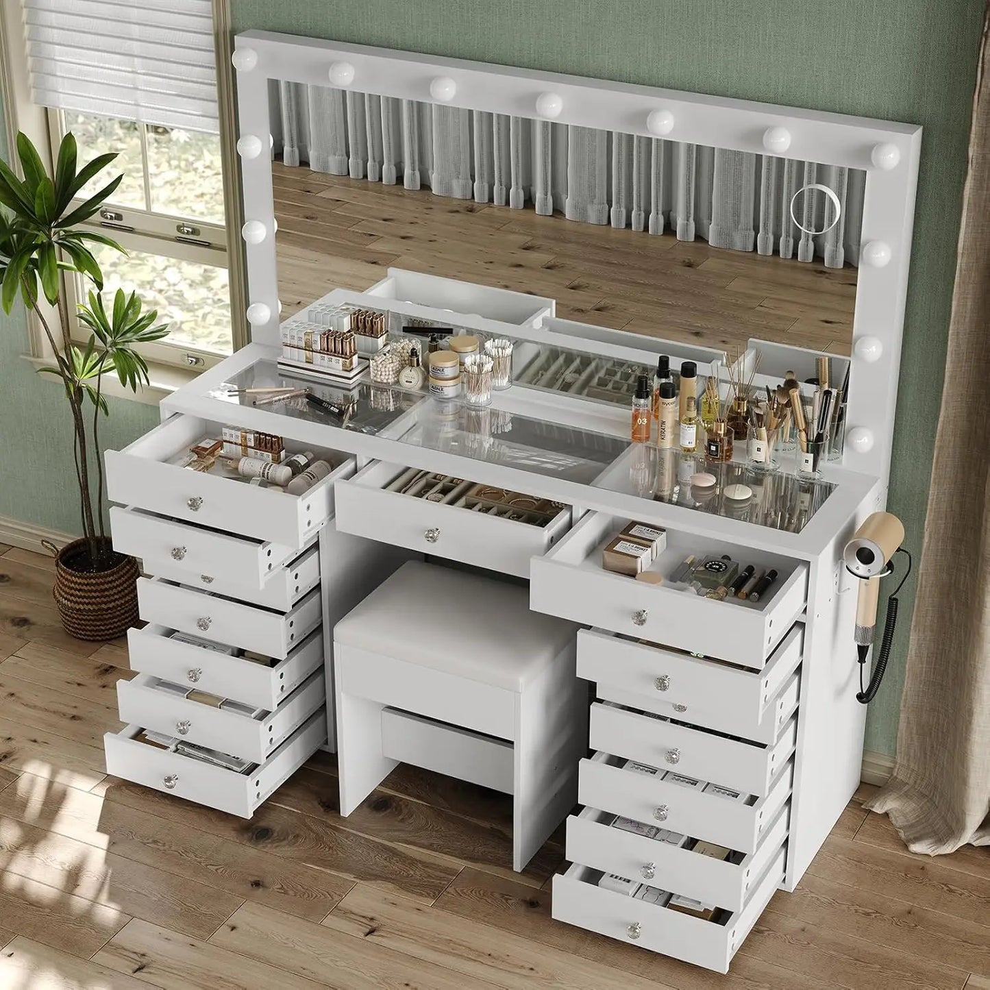 55" W Vanity Desk, Makeup Vanity with Charging Station, 15 Drawers with Lighted Mirror, 3 Lighting Modes, Brightness
