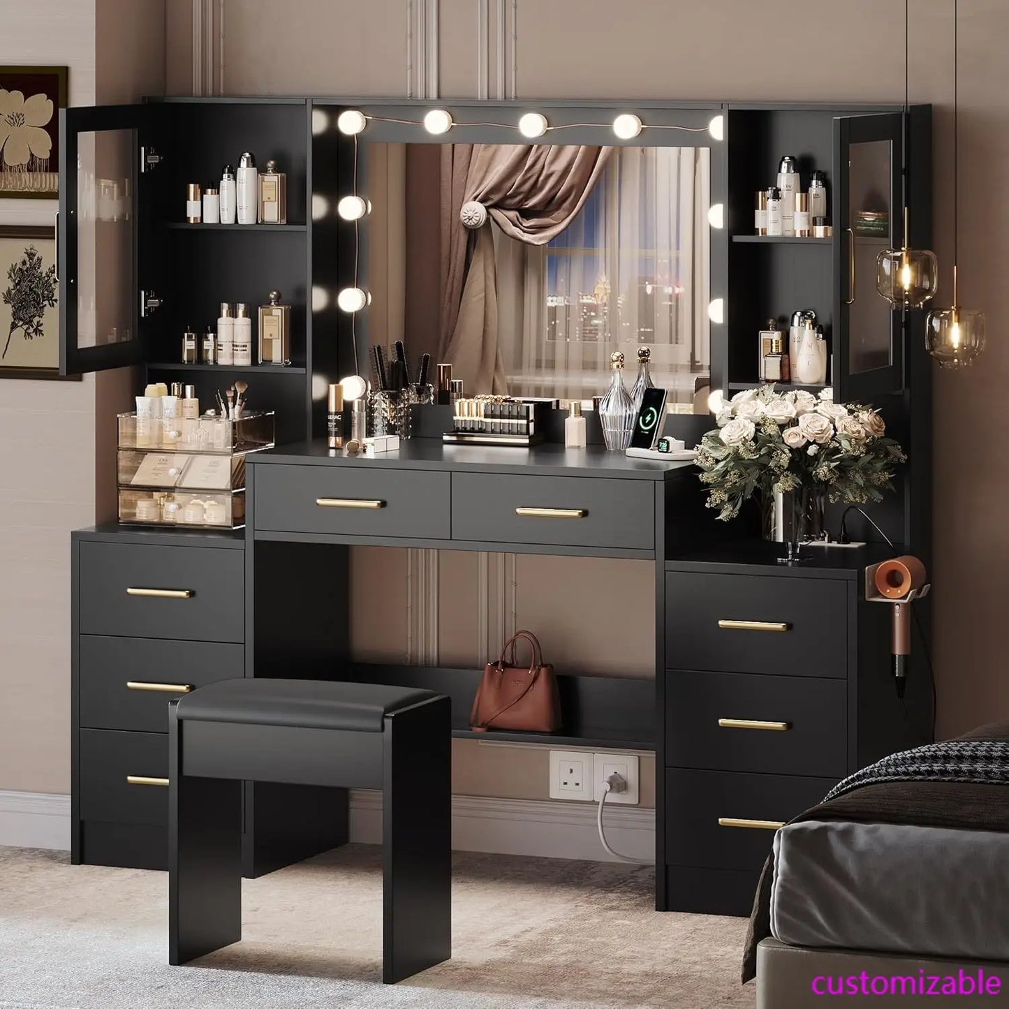 58.3" Makeup Vanity with Lights & Charging Station, Dressing Table Vanity Set White Vanity Table with Cushioned Stool, 8 Drawers