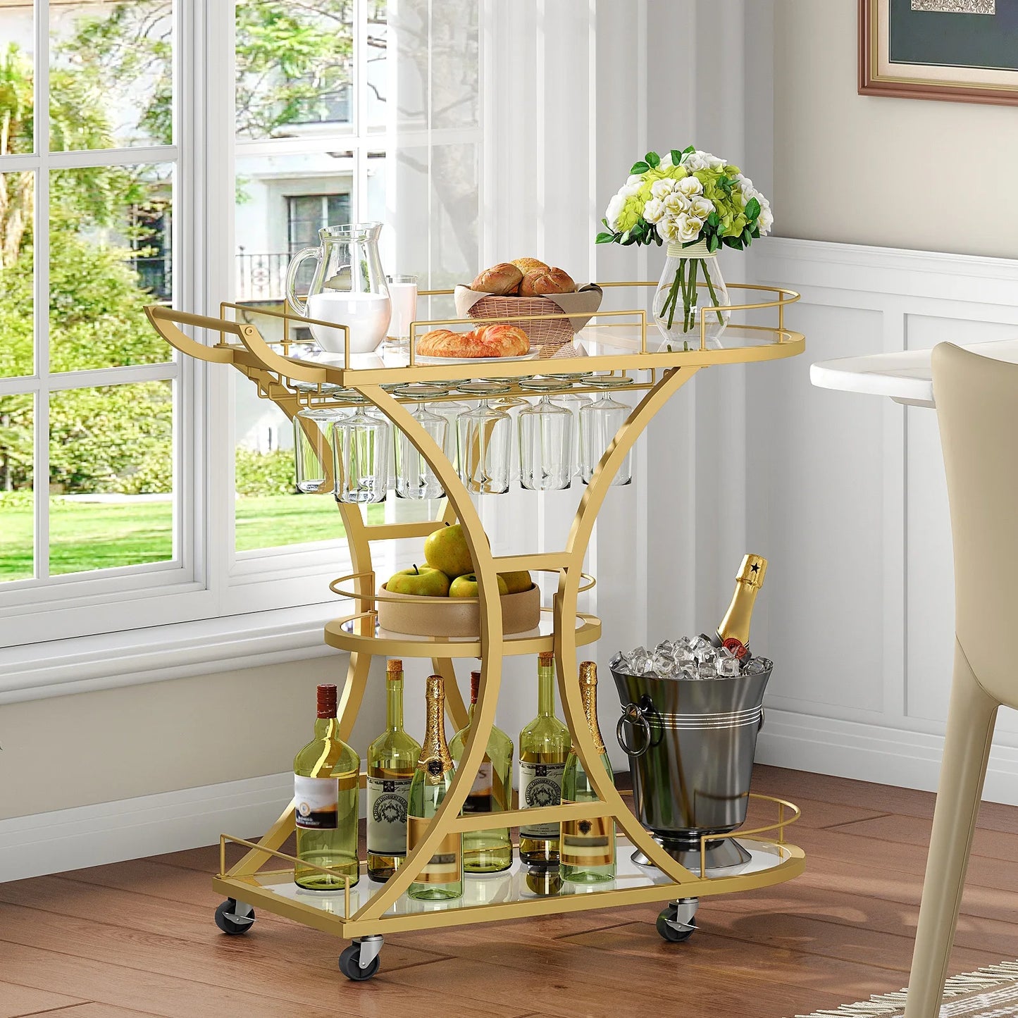 Gold Bar Cart with Wheels, 3-Tier Glass Shelves Serving Cart, Metal Rolling Kitchen Cart with Stemware Rack, Locking Casters, for Dining Room, Living Room, Gold