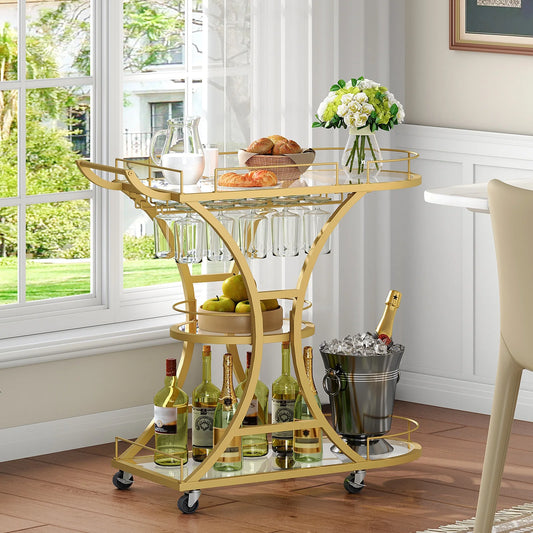 Gold Bar Cart with Wheels, 3-Tier Glass Shelves Serving Cart, Metal Rolling Kitchen Cart with Stemware Rack, Locking Casters, for Dining Room, Living Room, Gold