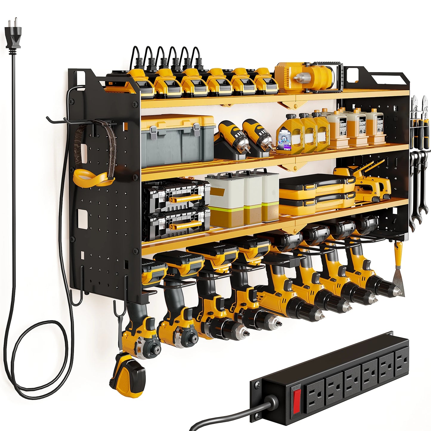 4 Layer Power Tool Organizer Wall Mount with Charging Station, Heavy Duty Tool Organization Rack, Screwdriver Storage, Tool Shel