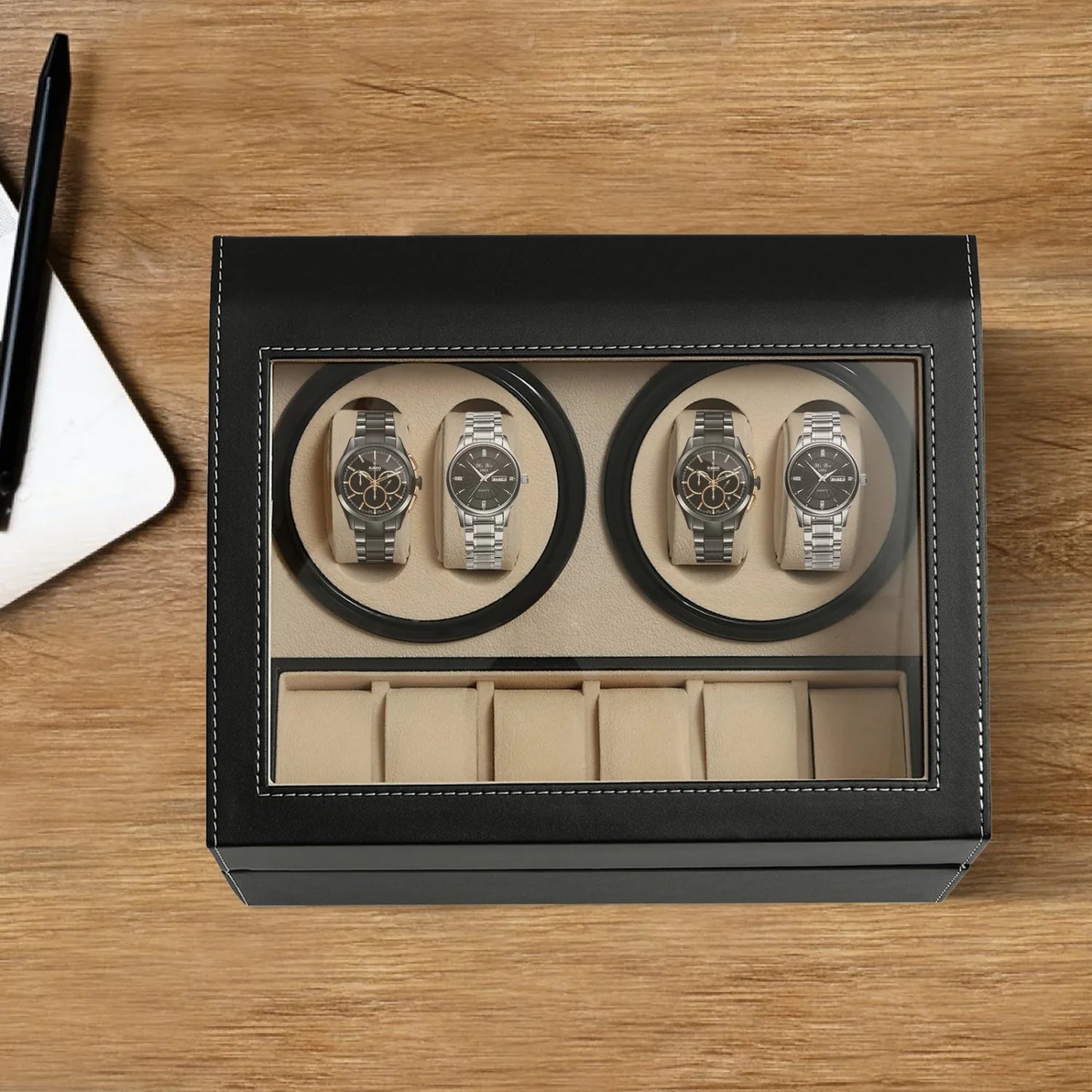 Automatic Watch Winder Display Box, 4+6  Rotation Leather Wood Watch Winder Collector Display Box Watch Case, Black