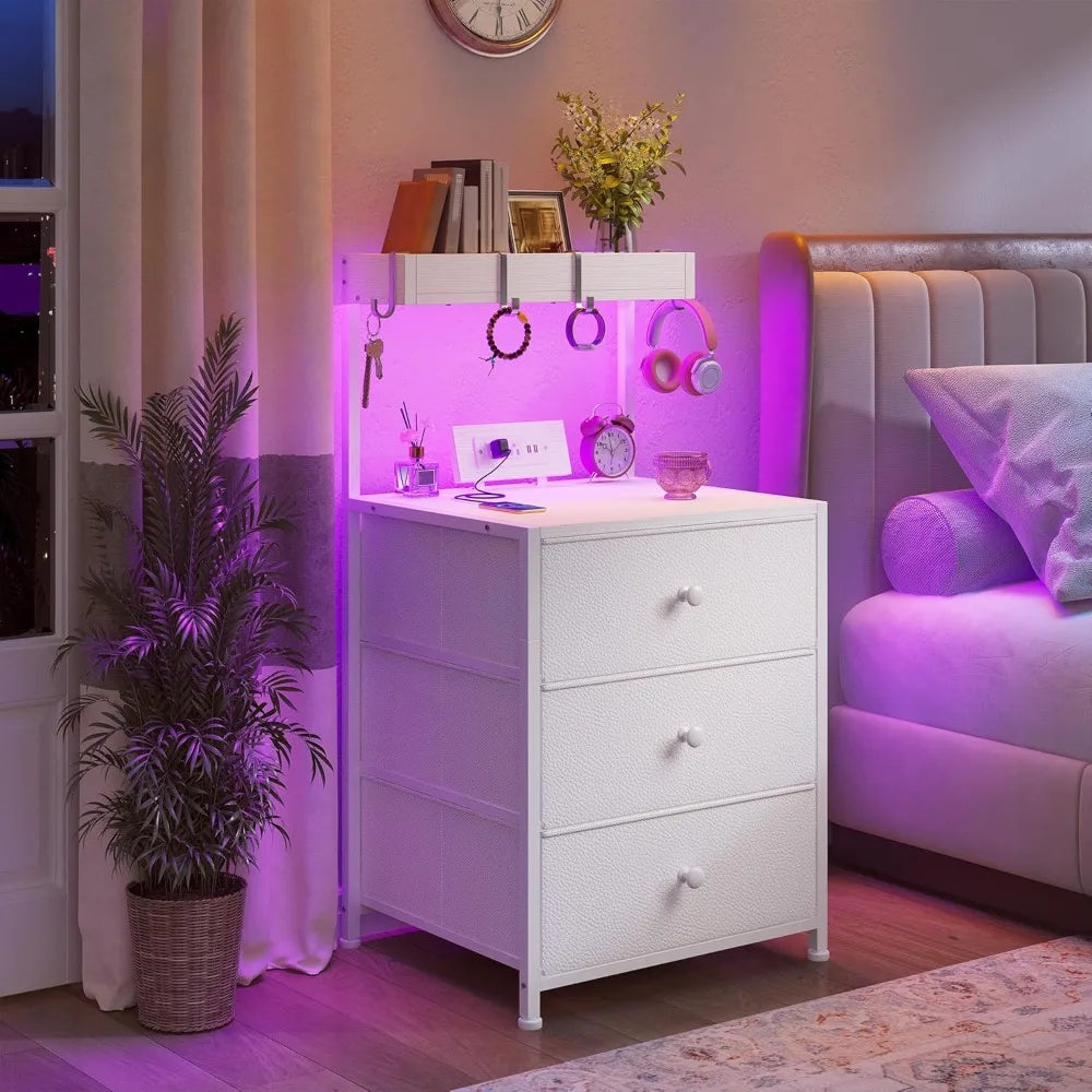 Tall Nightstand Set of 2 with Charging Station and Led Lights Nightstand with 3 Drawers and Shelves Bedside Table with Ports an
