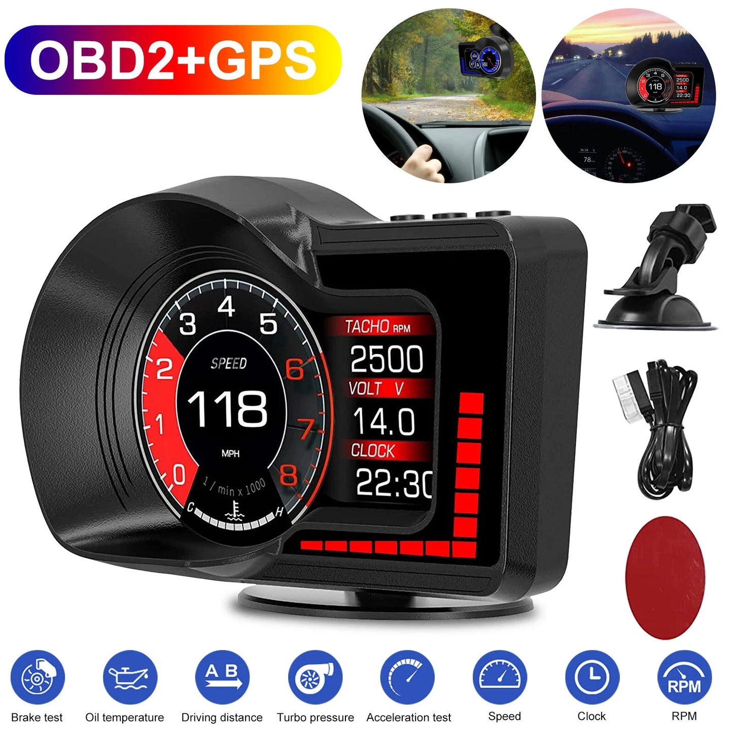 OBD GPS Dual System RPM Gauge Speedometer Milometer F15 Car Head Up Display HUD 6 Alarm Functions Accelerated Test