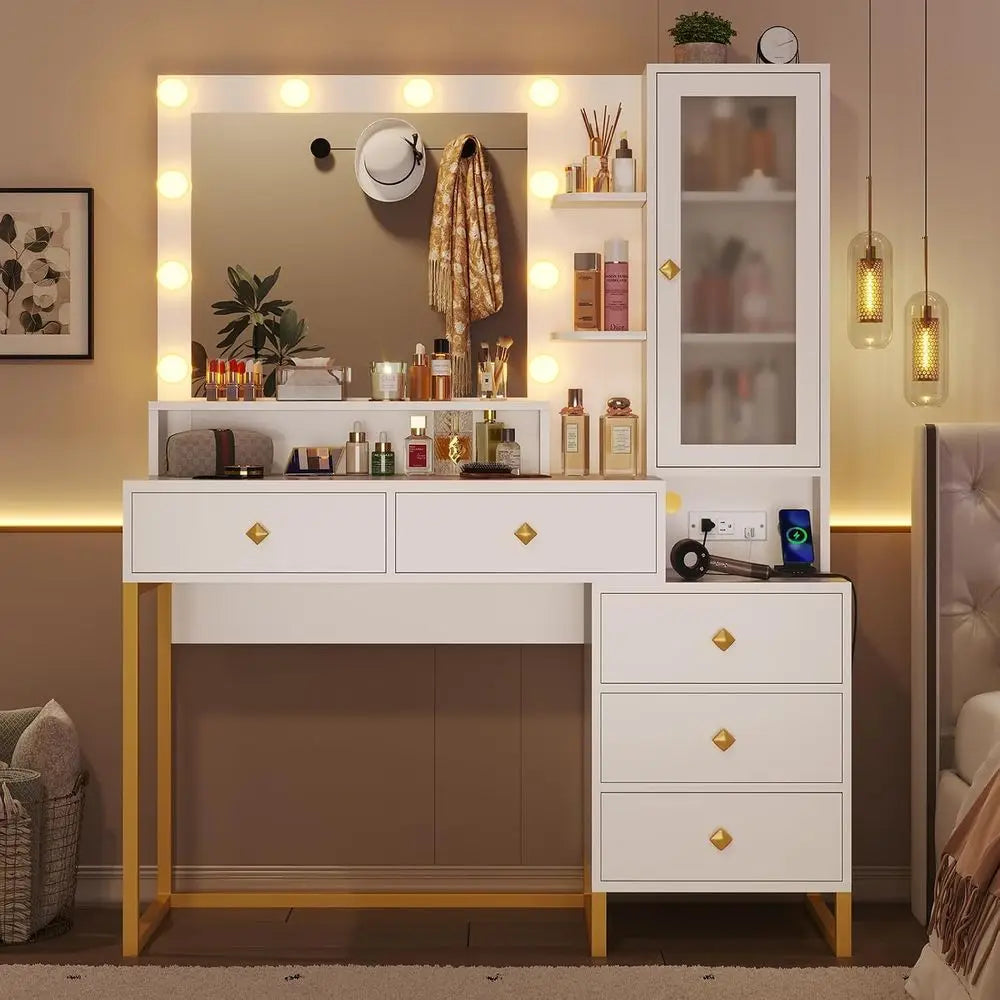 Large White & Gold Makeup Vanity Desk with Illuminated Mirror, 5 Drawers & Charging Station
